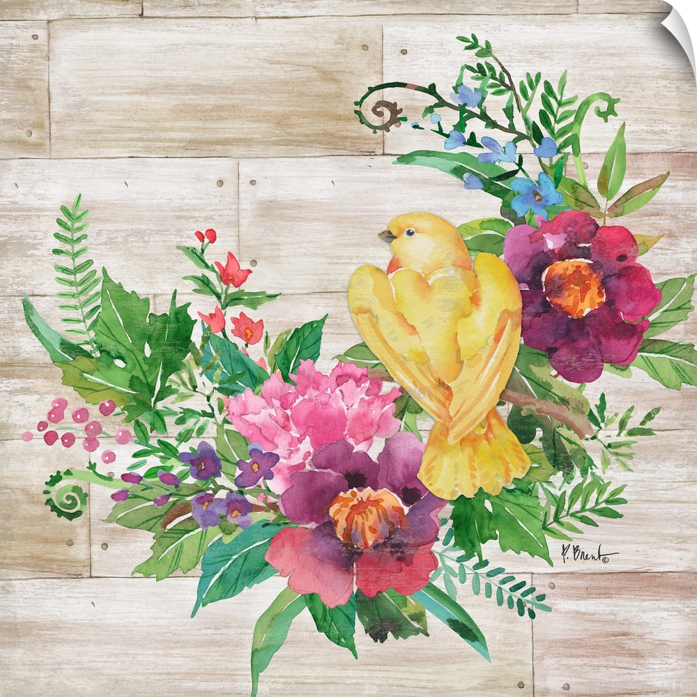 Square decor with watercolor painted flowers and a yellow bird on a faux wood background.