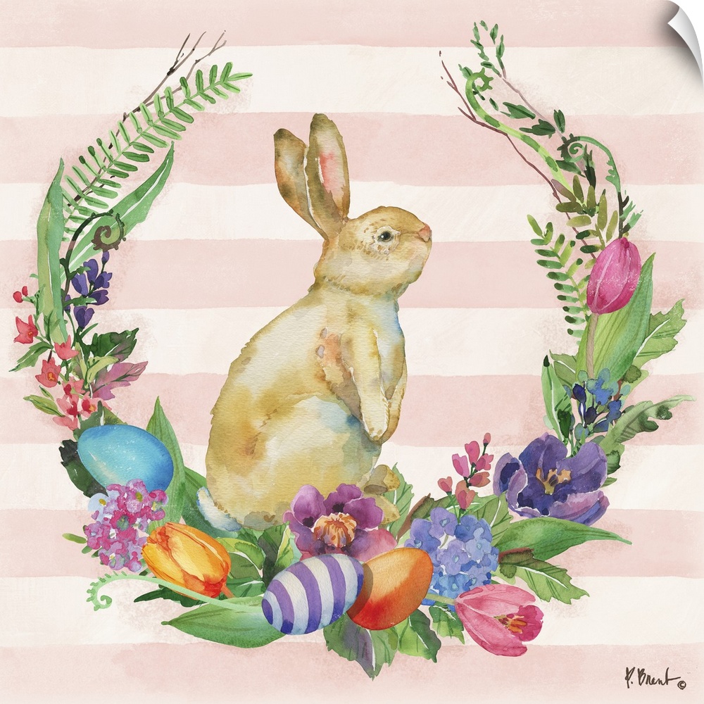 Spring decor with a watercolor painted bunny in the center of a floral and leafy wreath with Easter eggs on a light pink a...