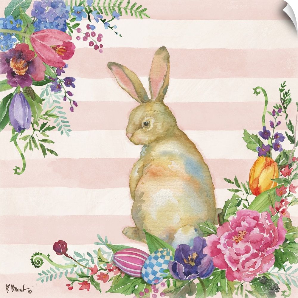 Spring decor with a watercolor painted bunny surrounded by Spring flowers and Easter eggs on a light pink and white stripe...