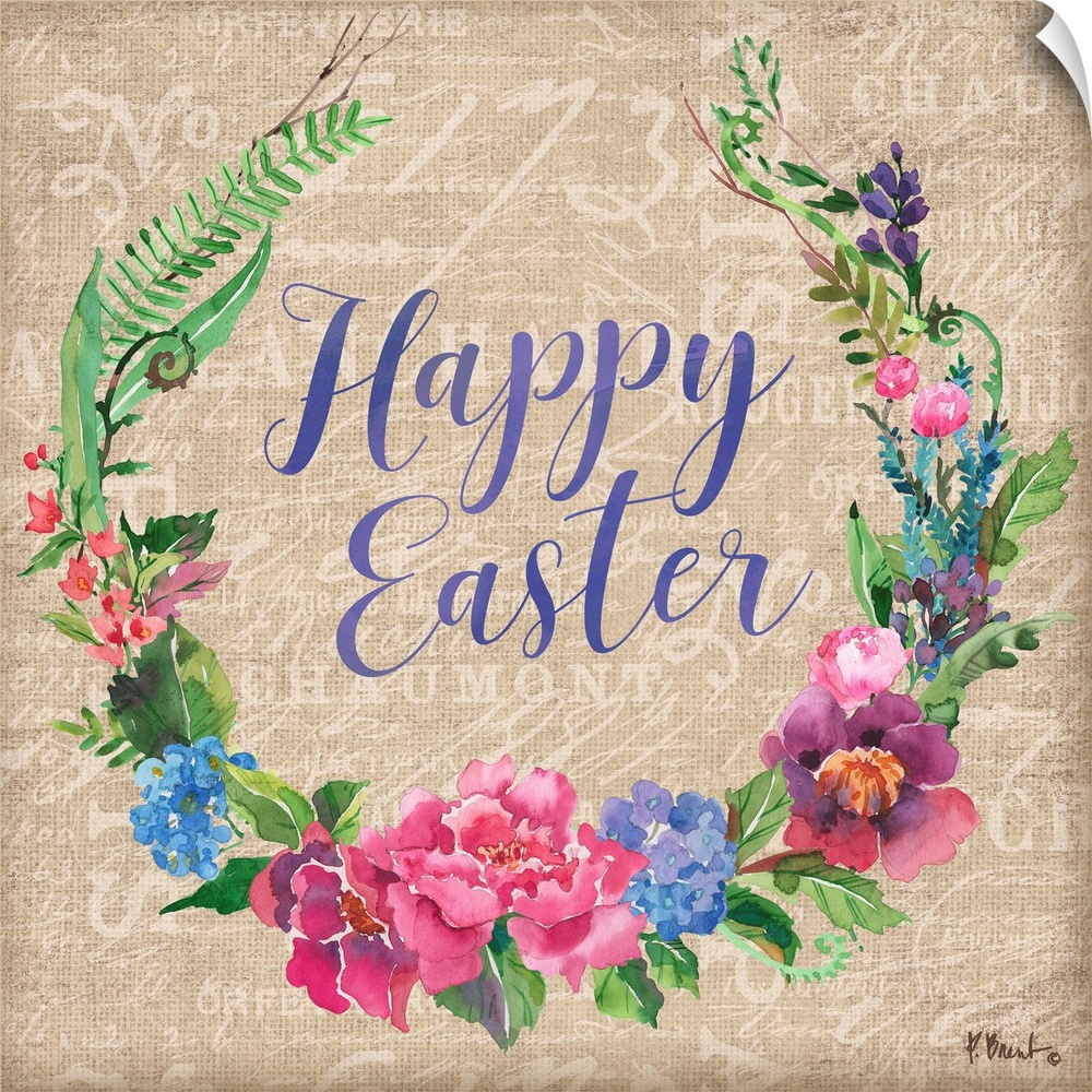 "Happy Easter" written in the center of a Spring floral wreath