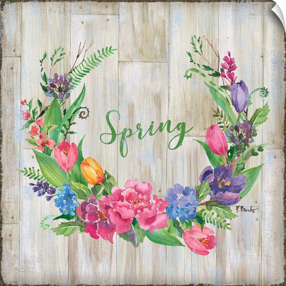 Square decor with a wreath made of Spring flowers and greens on a faux wood background with "Spring" written in the center.