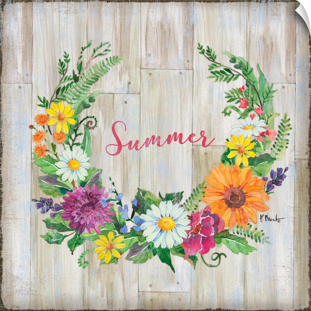 Square decor with a wreath made of Summer flowers and greens on a faux wood background with "Summer" written in the center.