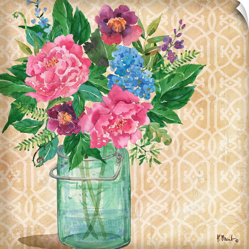 Square watercolor painting of beautiful flowers in a glass vase on a beige and white patterned background.