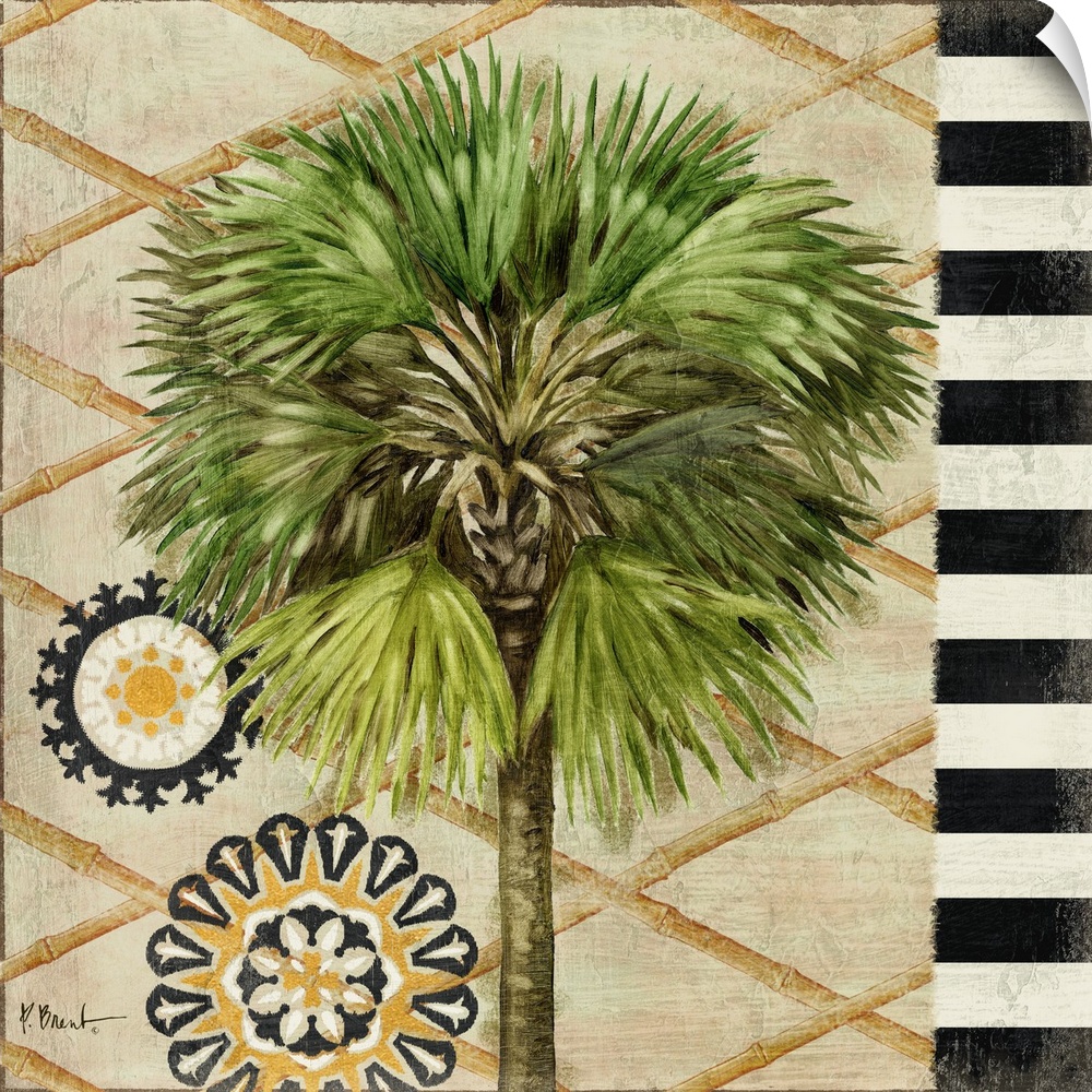 Painting of a palm tree with long fronds with black and white stripes and a gold pattern.