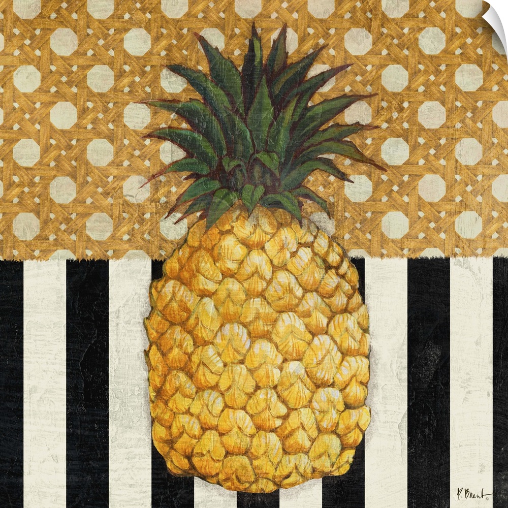 A pineapple on classic black and white stripes and a golden design.