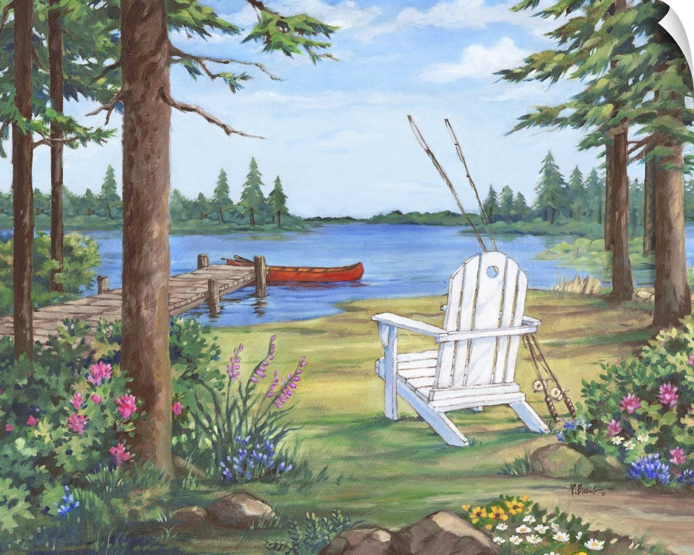 Contemporary painting of a lake with an adirondack chair, pier, fishing poles, and trees.