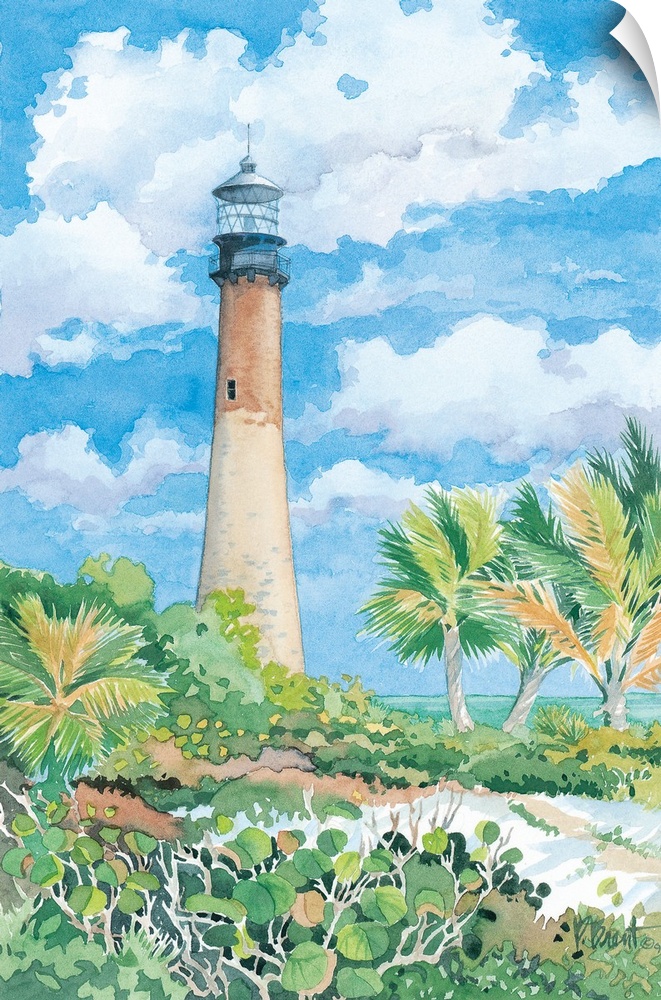 Watercolor painting of a lighthouse against a cloudy sky on a tropical beach.