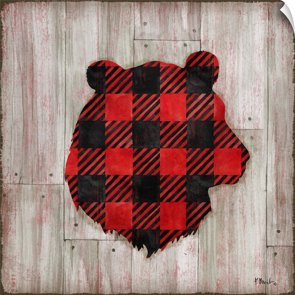 Square cabin decor with a red and black flannel patterned silhouette of a bear on a faux distressed wooden background.