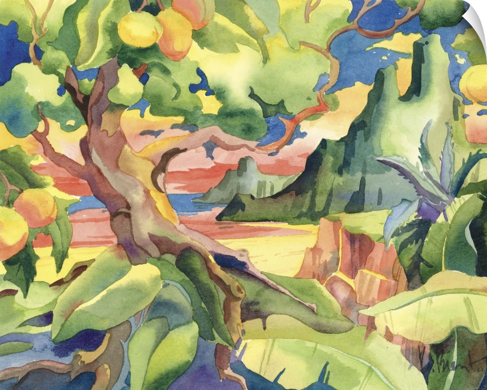 Tropical painting of a large mango tree near a rocky mountain.