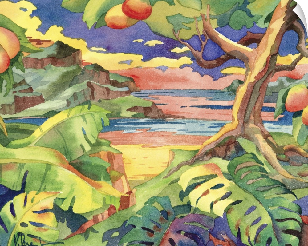 Tropical painting of a large mango tree near a sandy beach.