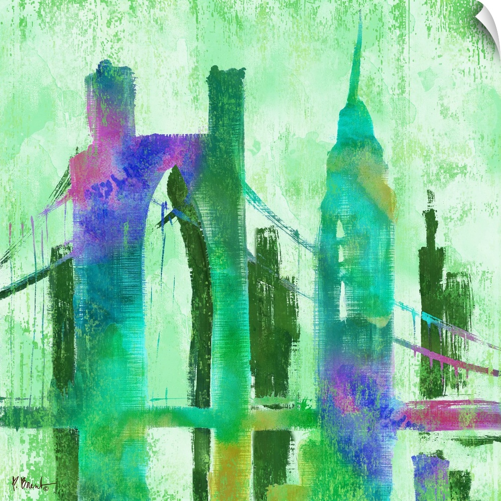 Watercolor skyline of buildings and the Manhattan Bridge in New York city in green and purple tones.