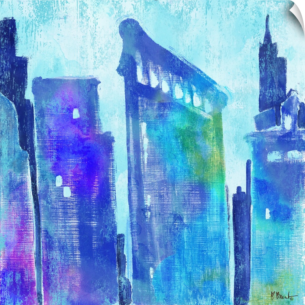 Watercolor skyline of the Flatiron Building in New York city in blue and purple tones.