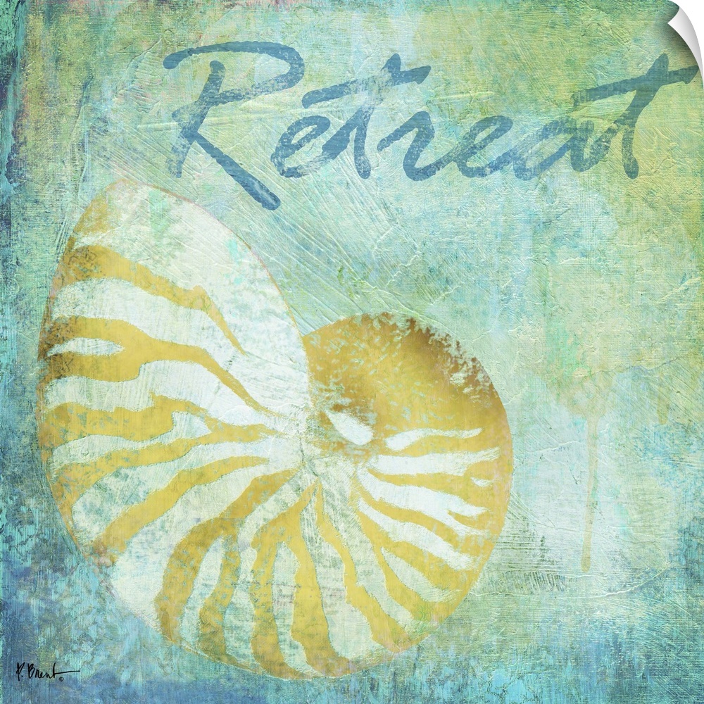 Cool-toned artwork with a nautilus shell print on a textured background and the text Retreat.