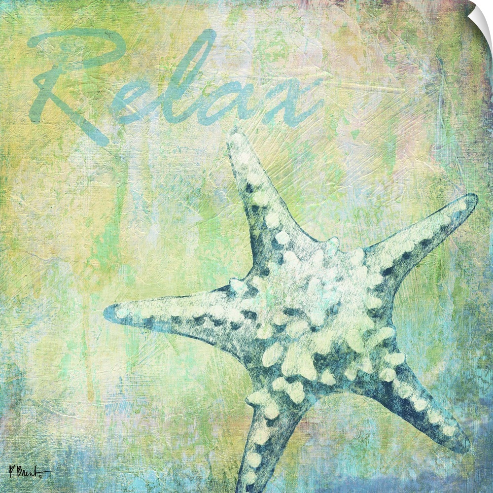Cool-toned artwork with a starfish print on a textured background and the text Relax.