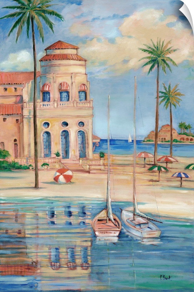 Painting of a resort on the Mediterranean sea with a sandy beach, palm trees, and sailboats.