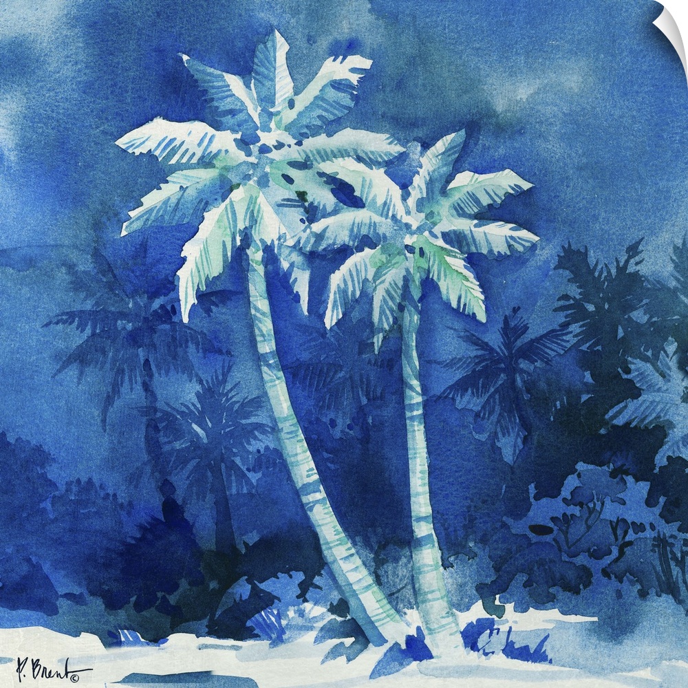 Monotone painting of two palm trees against deep blue scenery.