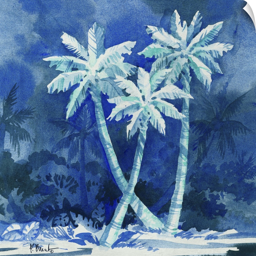 Monotone painting of three palm trees against deep blue scenery.