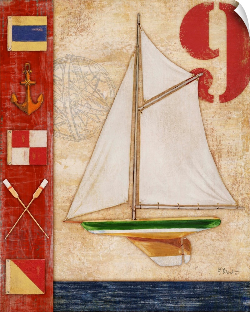 Decorative artwork featuring a yacht and nautical elements, such as flags, an anchor, and oars.
