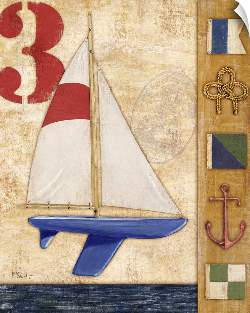 Decorative artwork featuring a yacht and nautical elements, such as flags, an anchor, and rope.