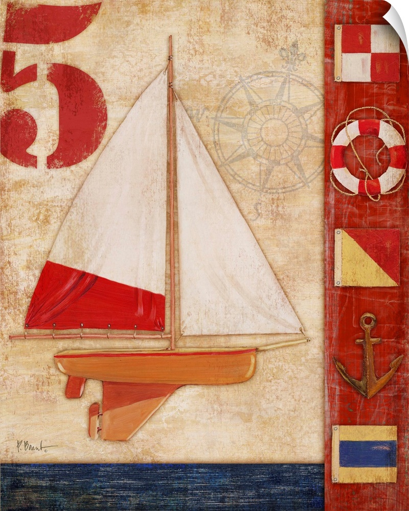 Decorative artwork featuring a yacht and nautical elements, such as flags, an anchor, and a lifering.