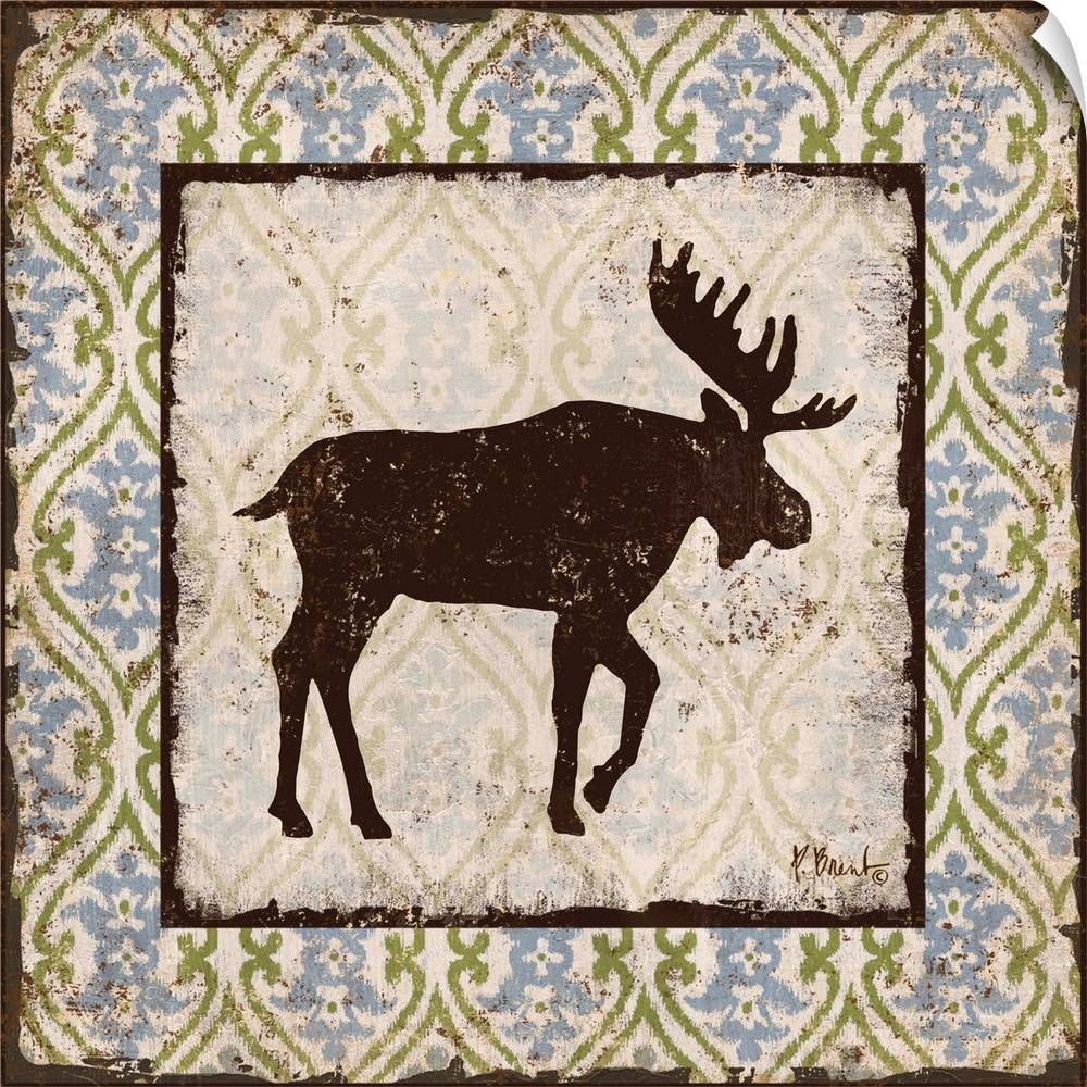 Decorative square artwork featuring a silhouetted moose on a boho pattern.
