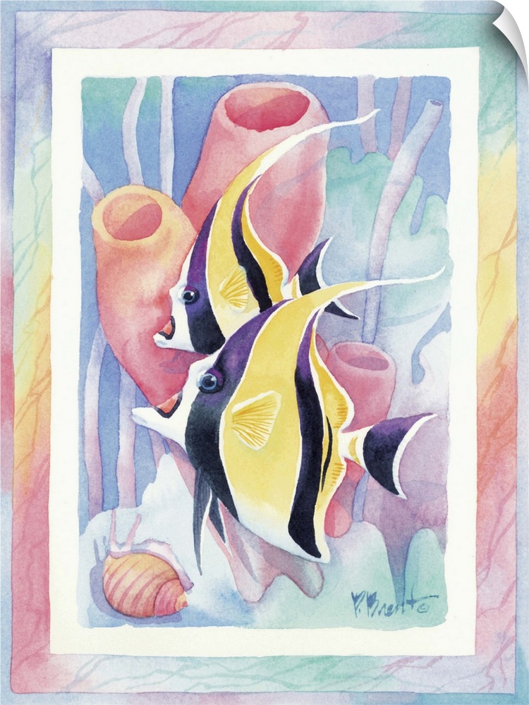 Watercolor painting of two angelfish swimming near tube coral, done in pastel colors.