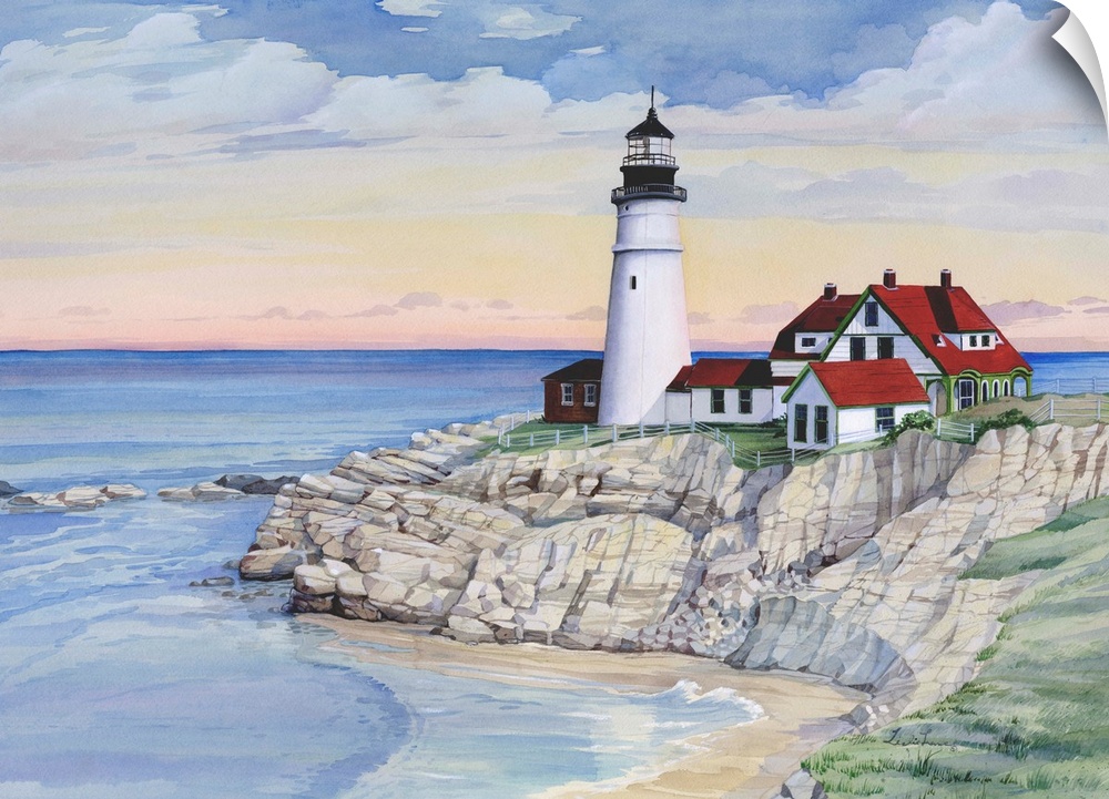 Watercolor painting of a lighthouse on a rocky cliff overlooking the ocean.