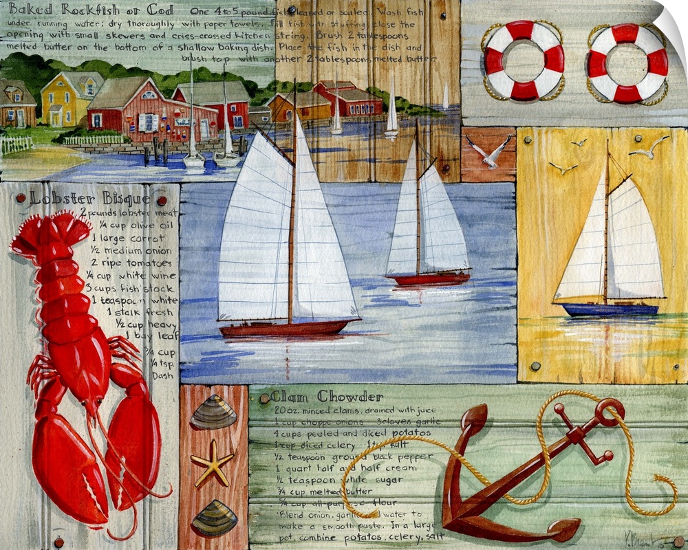 Collection of nautical elements from Nantucket, including a lobster, anchor, sailboats, and lifesavers.