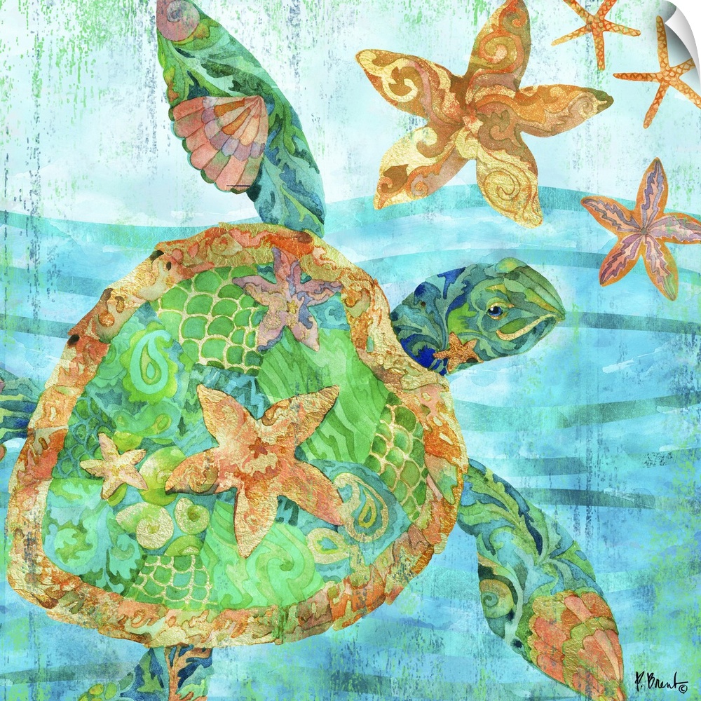 Square watercolor painting of a sea turtle and starfish in the ocean with detailed patterns in blue, green, gold, yellow, ...