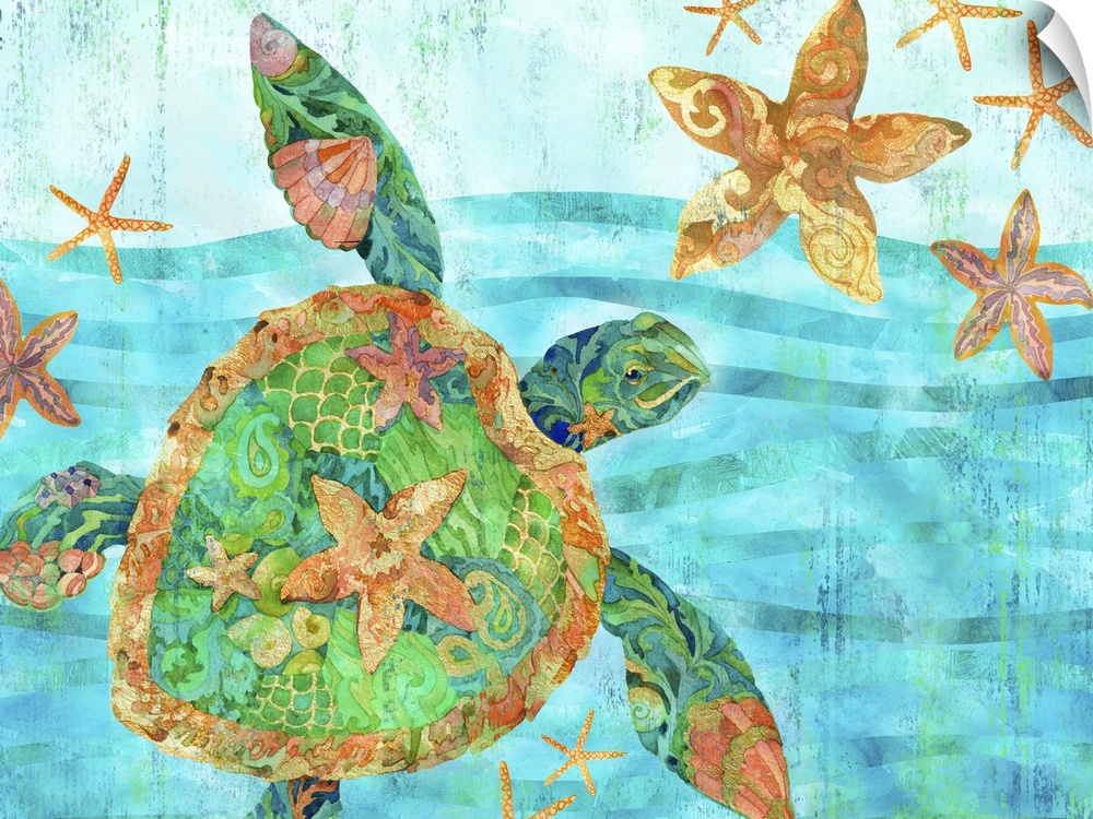 Large watercolor painting of a sea turtle and starfish in the ocean with detailed patterns in blue, green, gold, yellow, a...