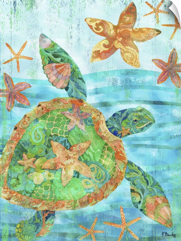 Vertical watercolor painting of a sea turtle and starfish in the ocean with detailed patterns in blue, green, gold, yellow...