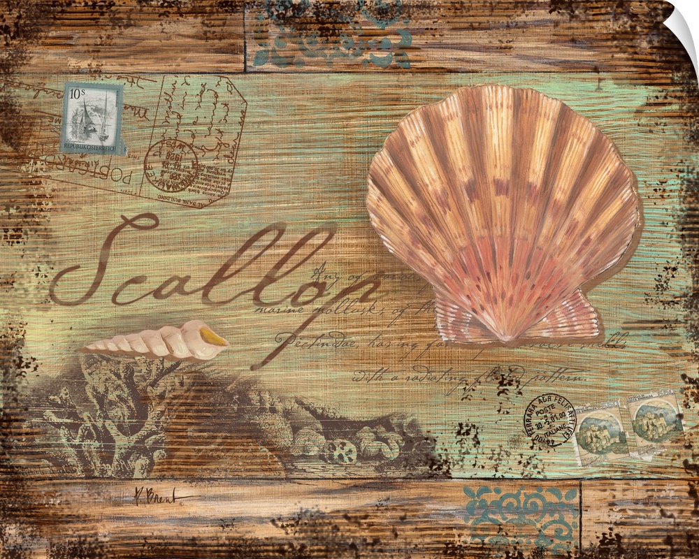 Collage of marine elements including a shell, coral, and postage stamps on a faux distressed wood background.