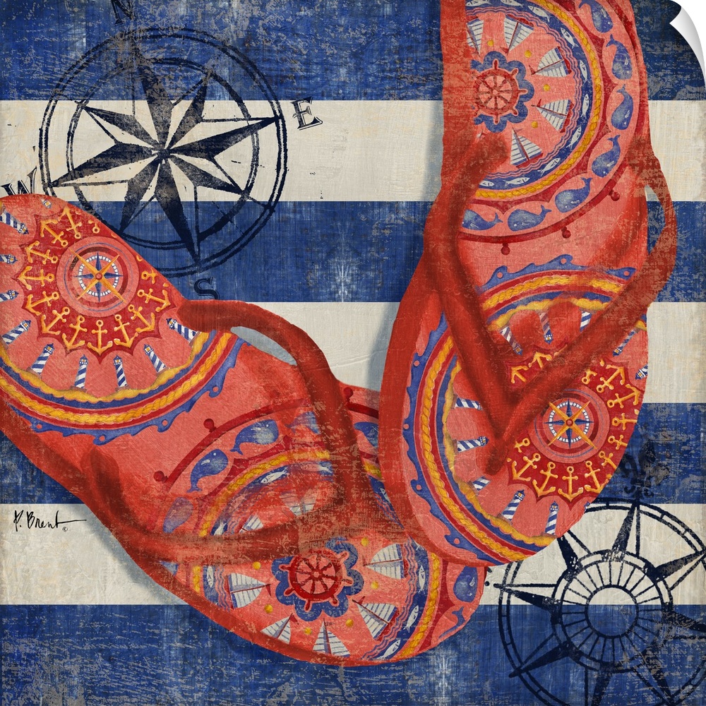 A pair of red flip flops with a boho pattern on a striped background with compass roses.