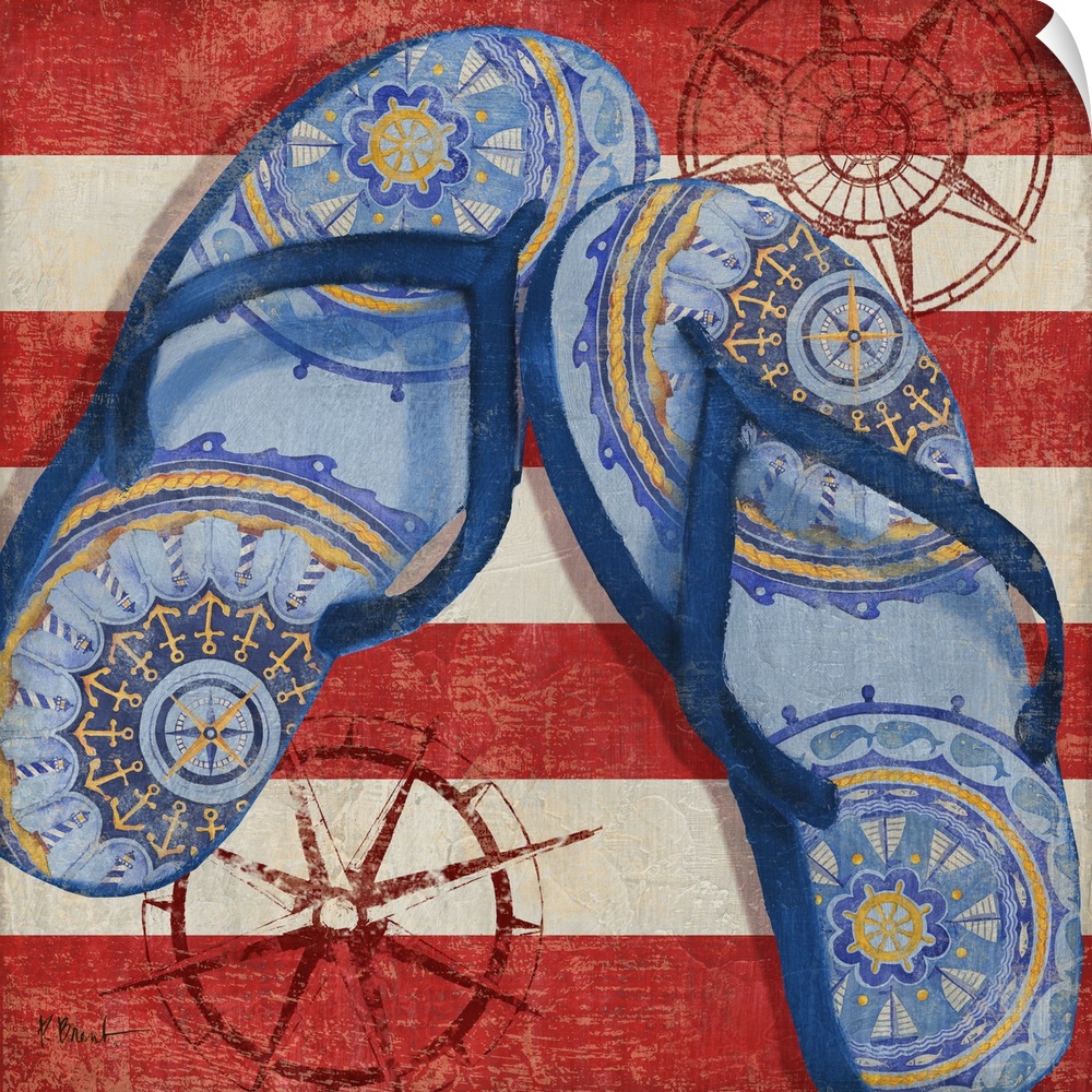 A pair of blue flip flops with a boho pattern on a striped background with compass roses.