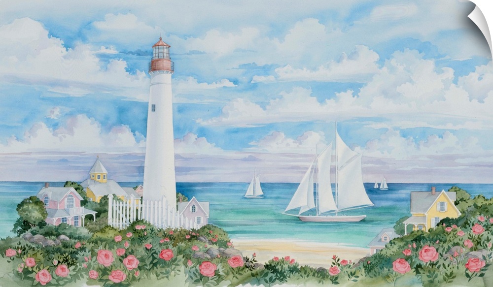 Contemporary watercolor painting of a coastal scene, with a lighthouse and several sailboats.