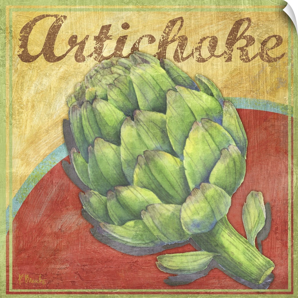 Rustic-style farmer's market sign with a harvested artichoke.