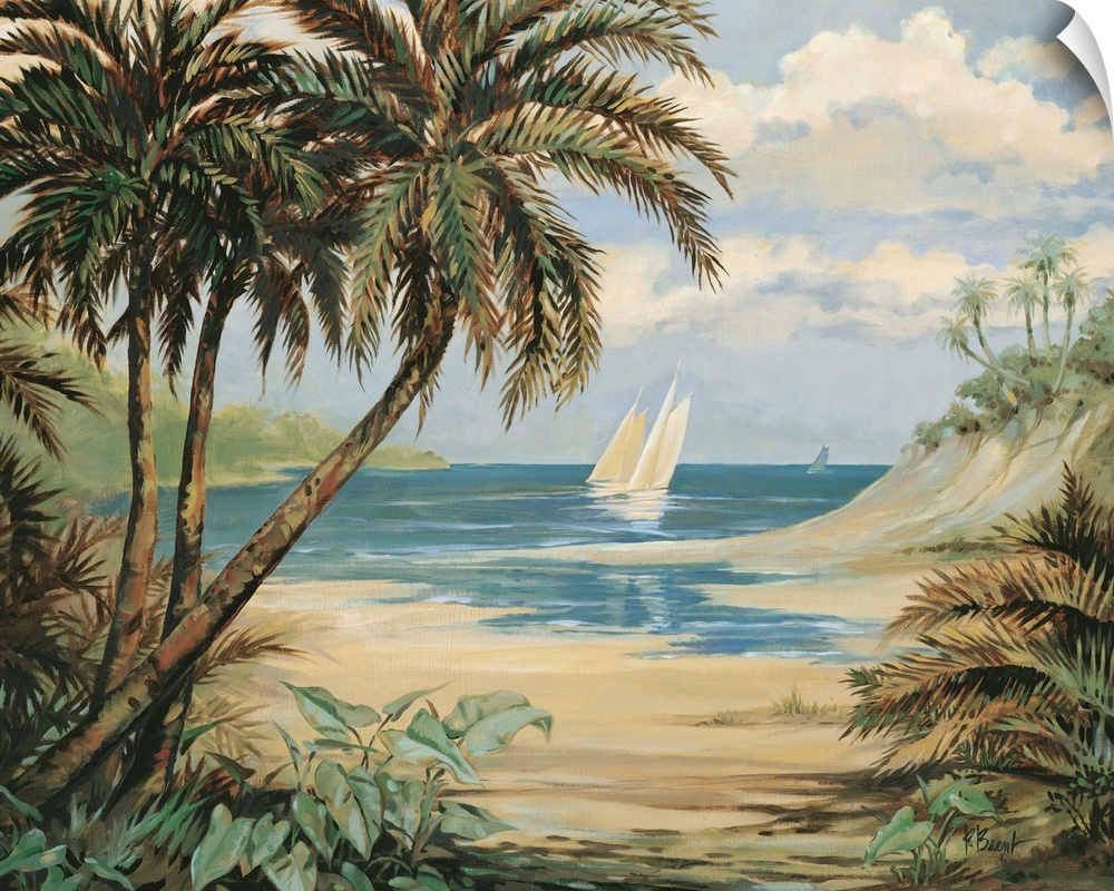 Contemporary painting of palm trees overlooking the beach with a sailboat.