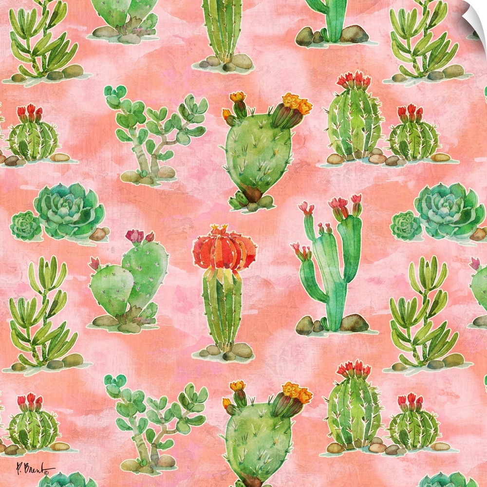 Square watercolor painting of cacti and succulents on a light pink background.