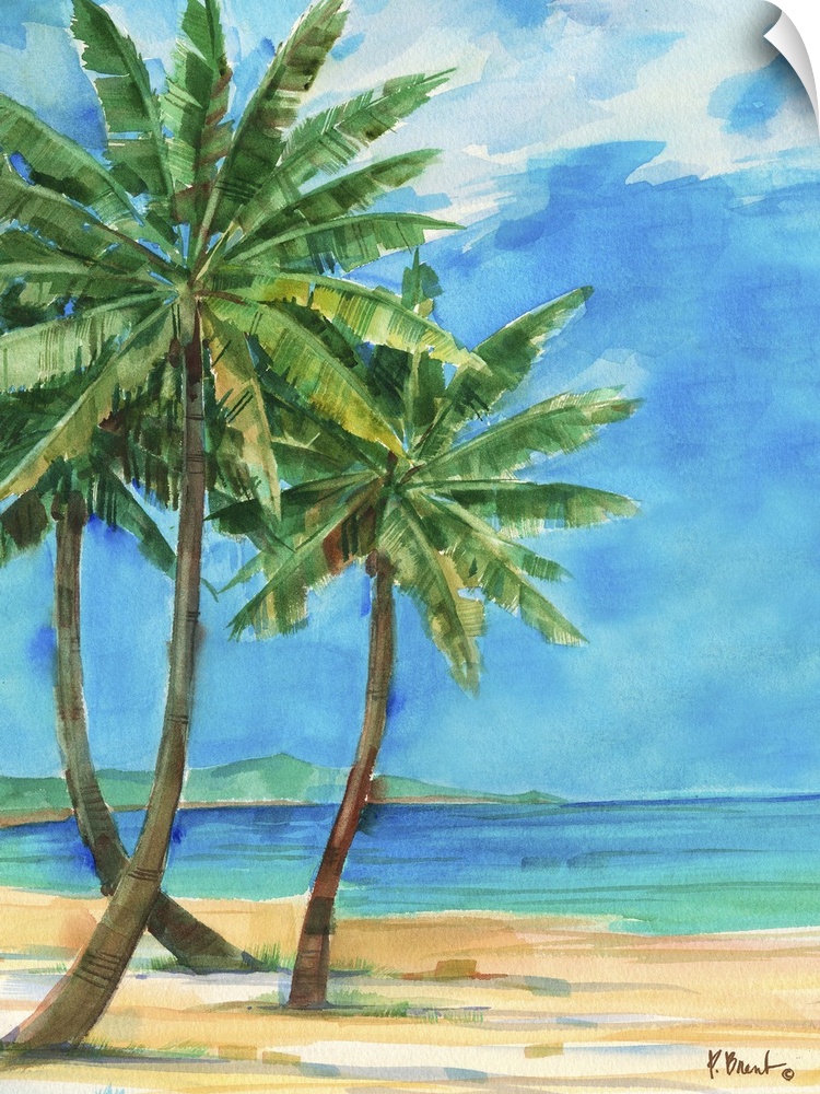 Watercolor painting of palm trees growing on the beach near a turquoise ocean.