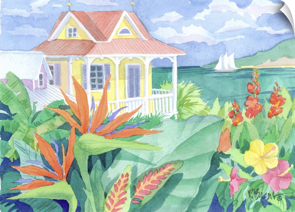 Watercolor painting of a small beach house on the coast with tropical flowers in the foreground.