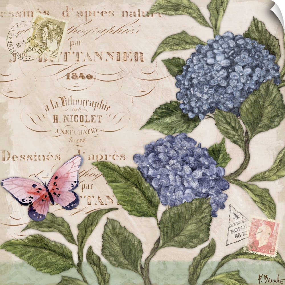 Decorative mixed media panel featuring two hydrangea blooms, a vintage letter, and a butterfly.