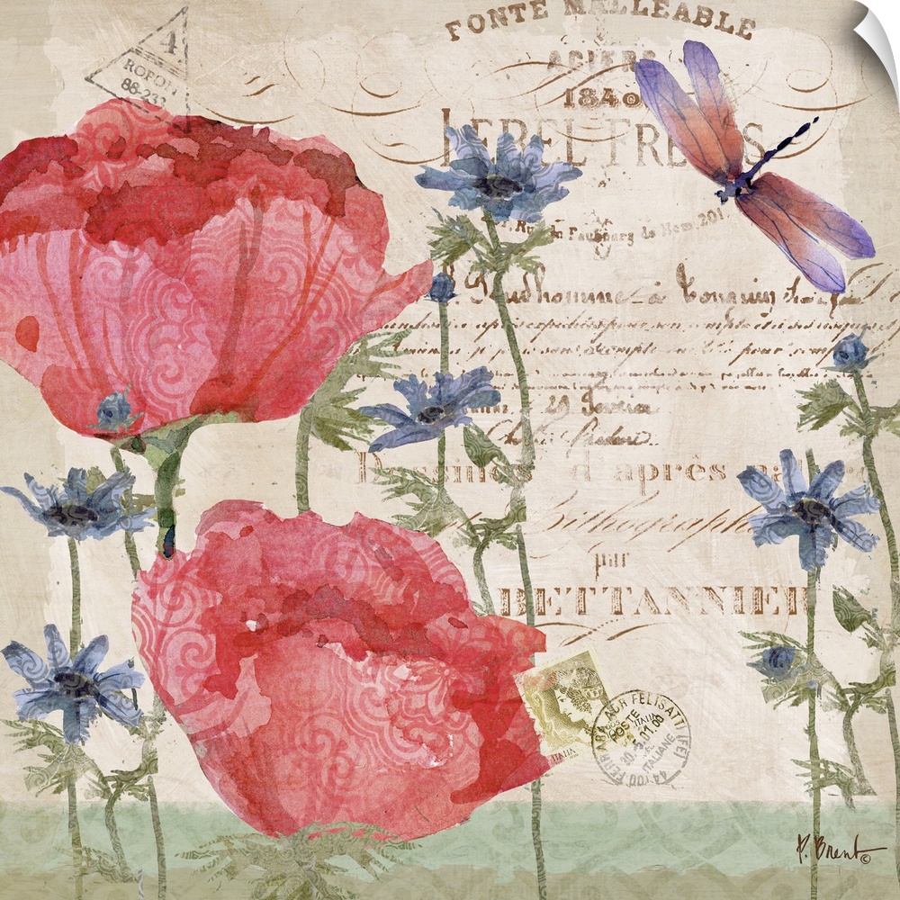 Decorative mixed media panel featuring two peony blooms, a vintage letter, and a dragonfly.