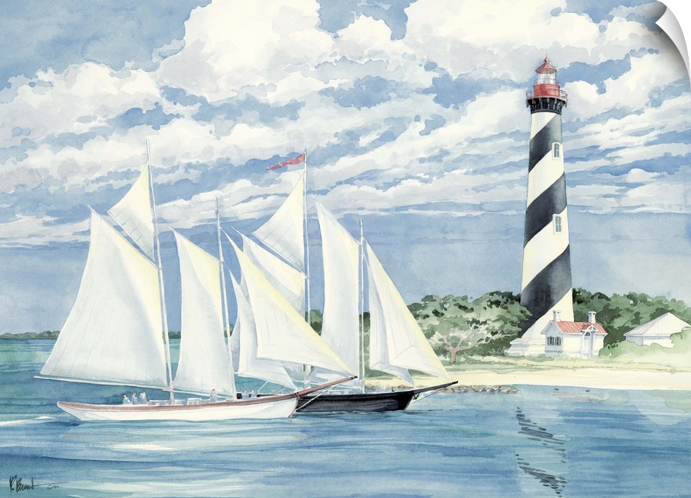 Two boats with full sails passing by the St. Augustine Light in Florida.