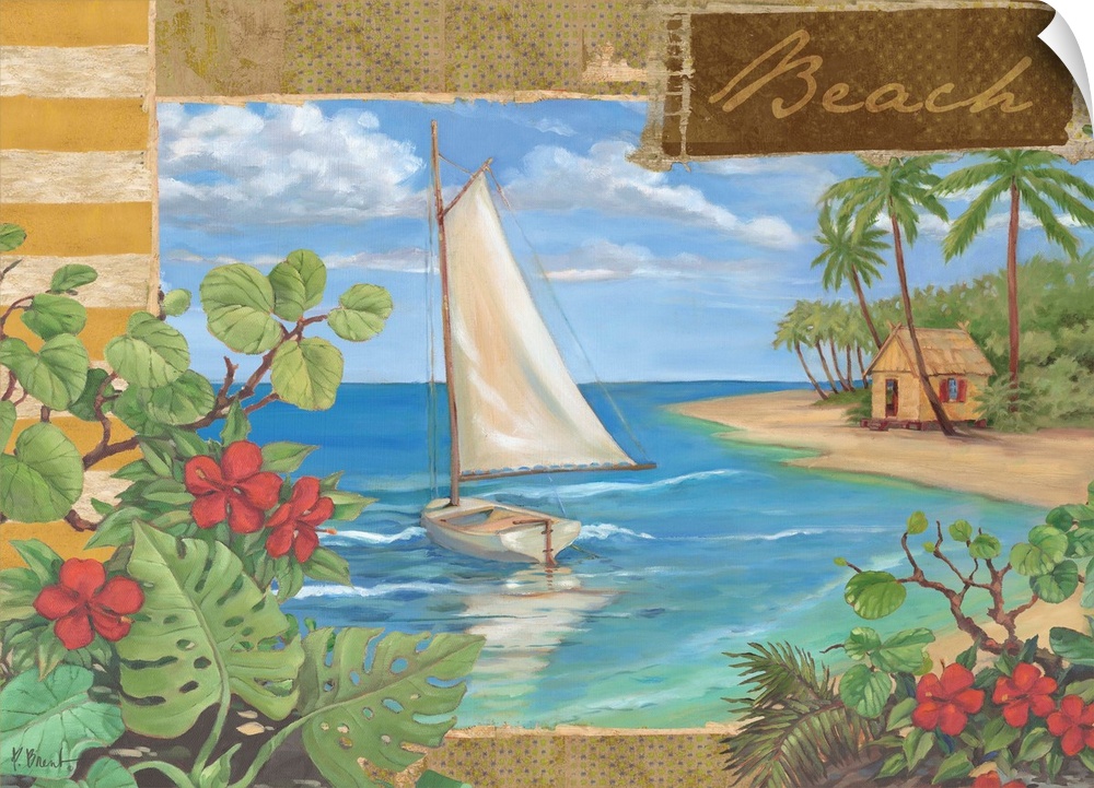 Decorative artwork of a sailboat off the coast of a tropical beach, with floral elements.