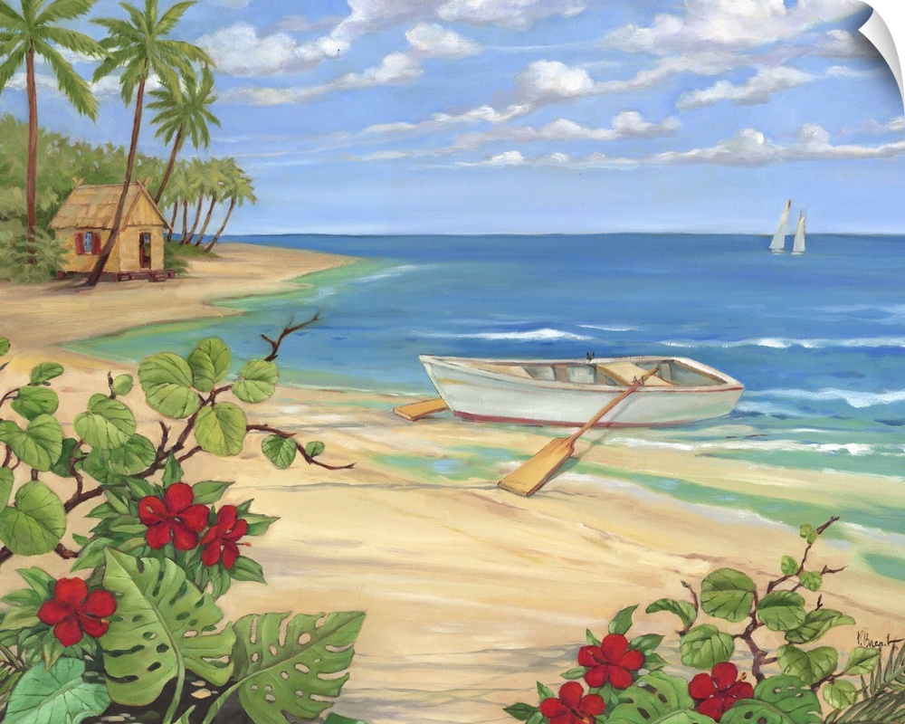 Painting of a rowboat on the shore near tropical flowers and a beach hut.