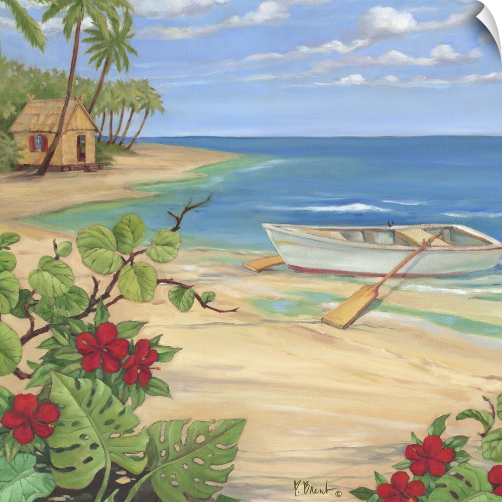 Painting of a rowboat on the shore near tropical flowers and a beach hut.