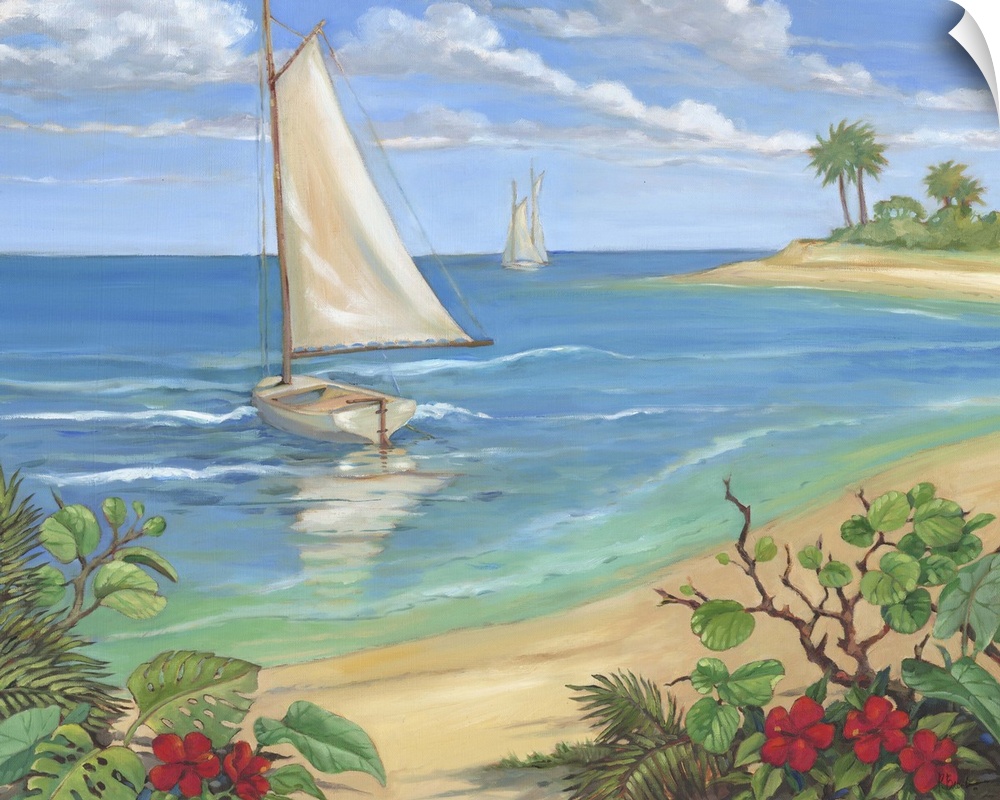 Painting of a sailboat in the ocean by a tropical beach.