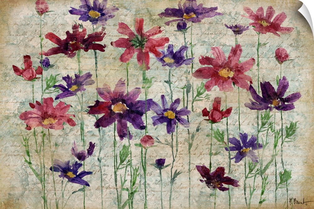 Painting of daisies of varying colors on a textured background.