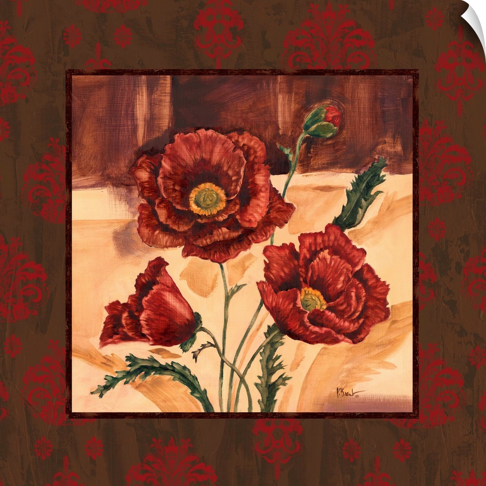 Square painting of three poppies with a border of damask-style flowers.