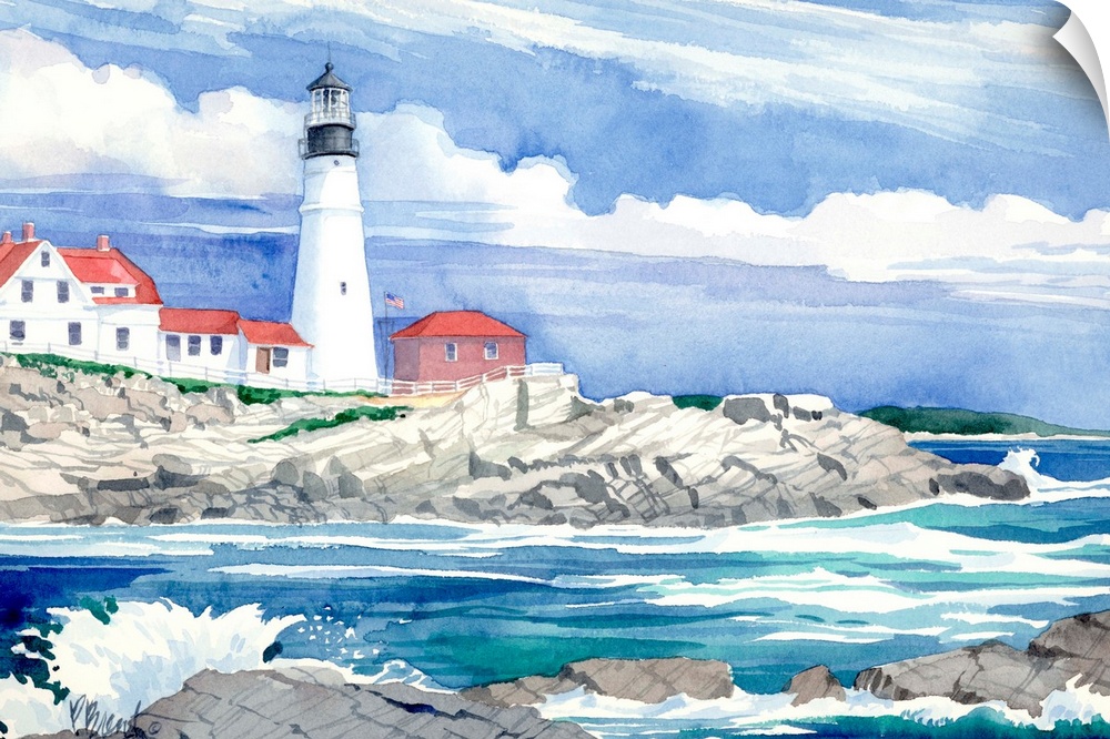 Watercolor painting of the Portland Head Light in Maine, on the rocky coast.